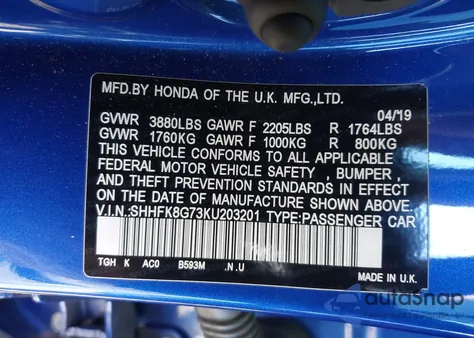 2019 Honda Civic Type R Touring z USA, uszkodzony, nr VIN SHHFK8G73KU203201